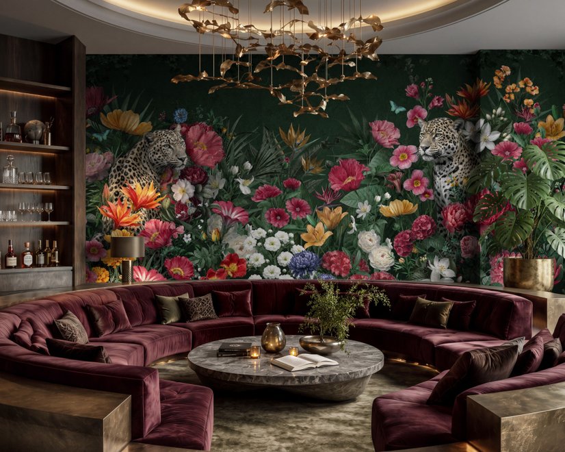 Elegant Tropical Botanical Floral and Leopard Wallpaper 