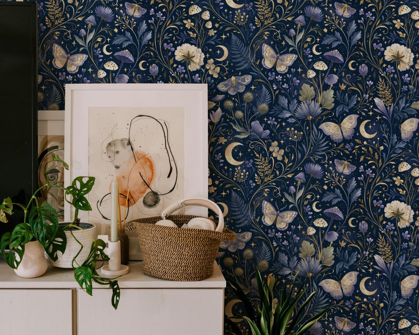 Midnight navy moody botanical wallpaper with lavender butterflies, ivory moons, gold stars, flowers and mushrooms
