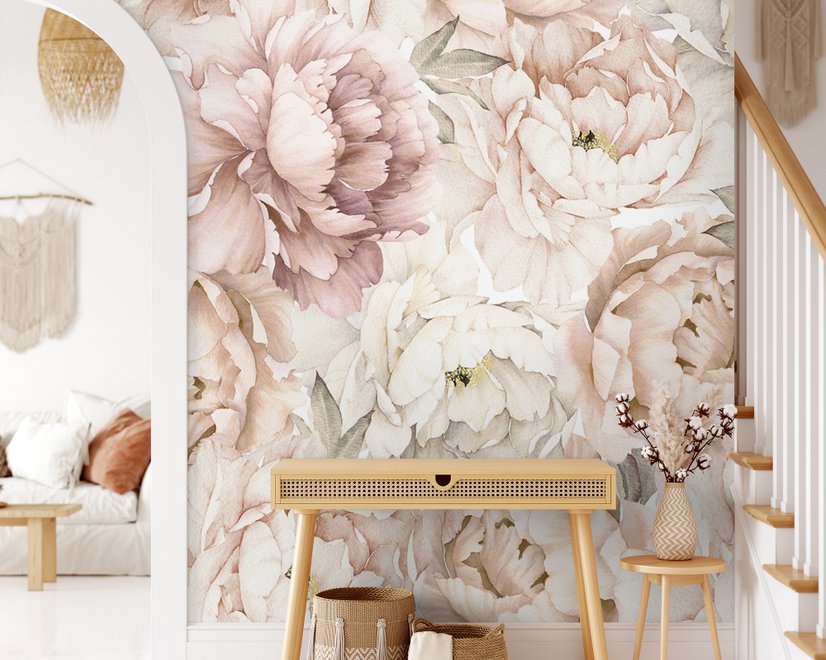 Fototapete Aquarell-Blumenmuster mit Pastell-Pfingstrosen für Mädchen