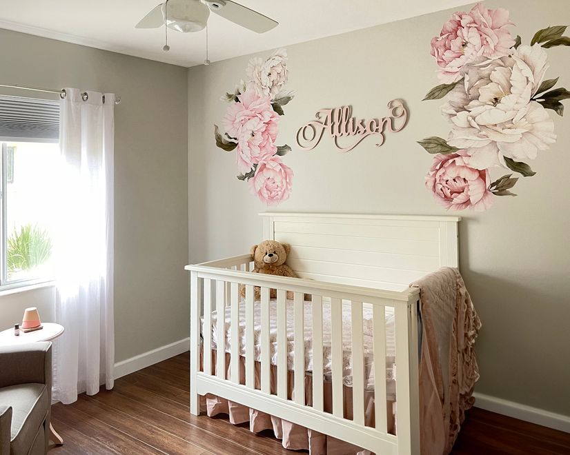 Nursery Pink White Peony Floral Bouquets Wall Decal Sticker