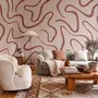 Burgundy-red looping contour lines on blush cream pink wallpaper mural