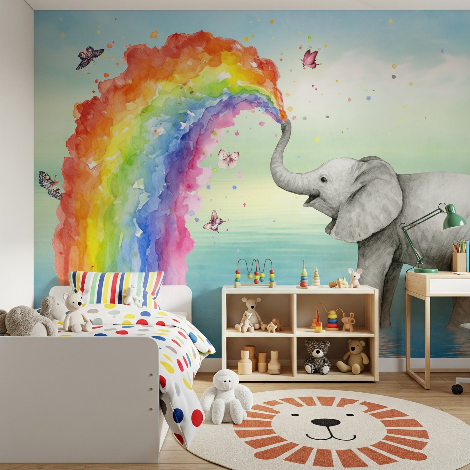 Kids Elephant with Watercolor Rainbow Wallpaper Mural - Peel and Stick