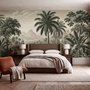 Sepia tropical landscape wallpaper with palms, banana plants, lagoon, bridge and mountains