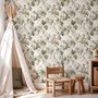 Vintage nature wallpaper with pale monkeys, sage grape leaves, white grape clusters and taupe vines on ivory.