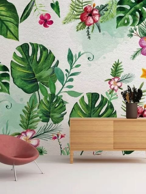 Bunte Mirabilis-Blumen und tropische Blätter Fototapete