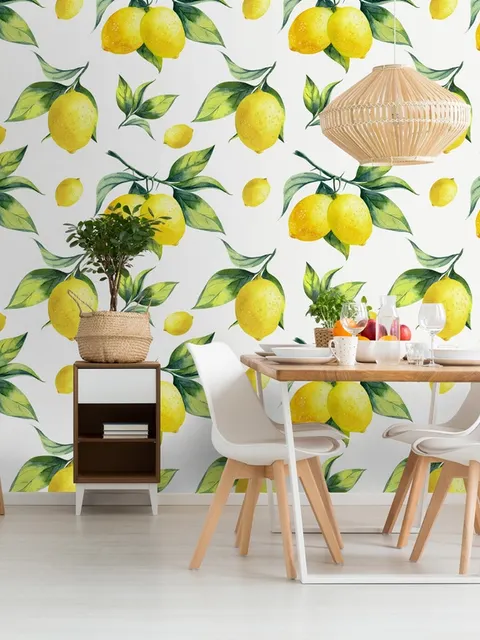 Papier peint panoramique citrons et feuillages