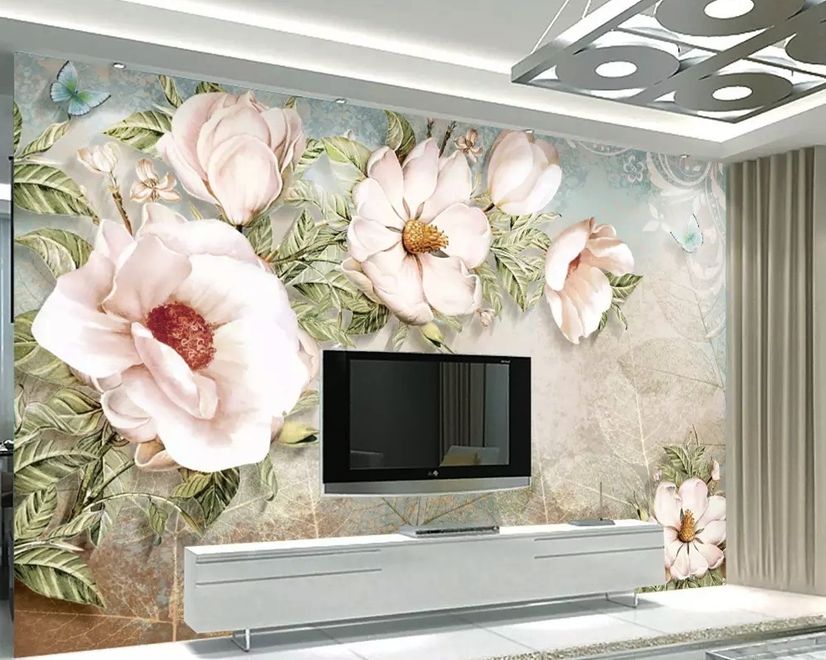 Retro Oil Painting White Flowers Wallpaper Mural