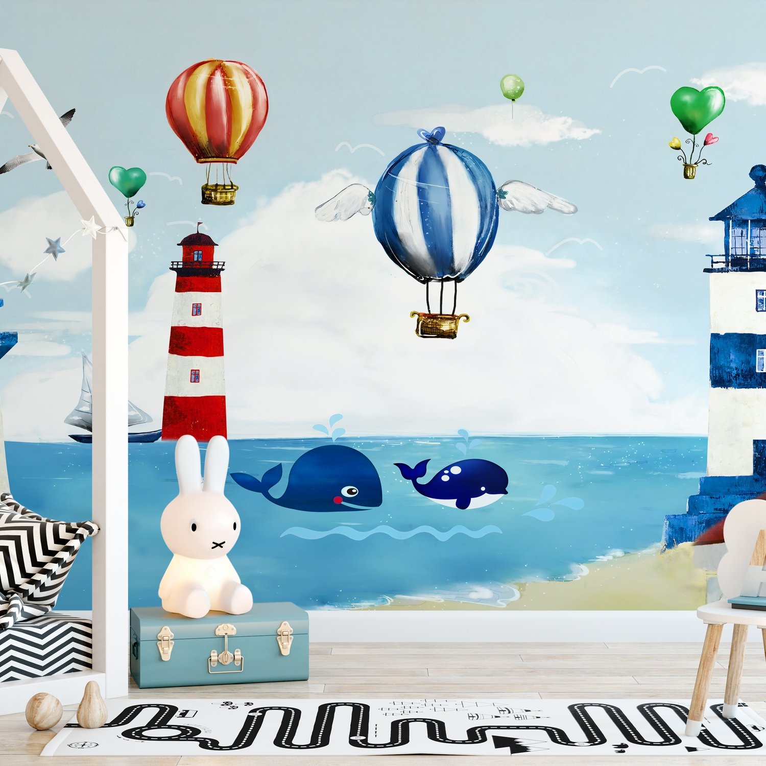 Watercolor Lighthouse with Hot Air Balloons Wallpaper Mural - Peel and Stick