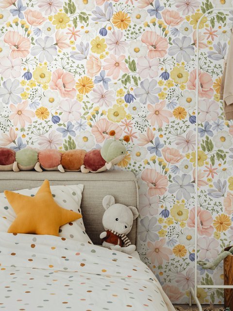Spring floral wallpaper with pastel watercolour flowers and sage leaves on a clean white ground