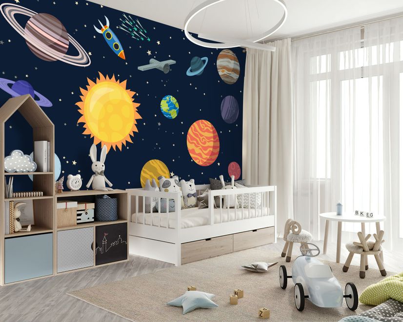 Kids Boys Watercolor Space and Solar System Wallpaper Mural