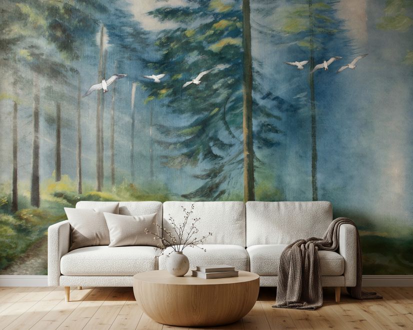 Watercolor Painting Misty Forestscape Wallpaper Mural