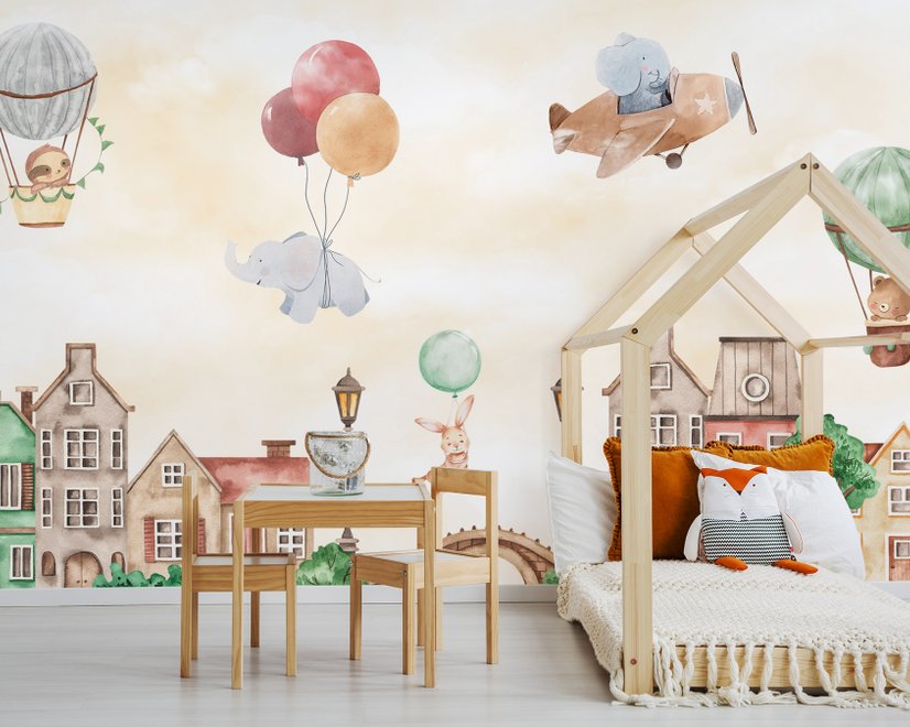 Aquarell Niedliche Häuser mit Fliegenden Tieren Fototapete für Kinder