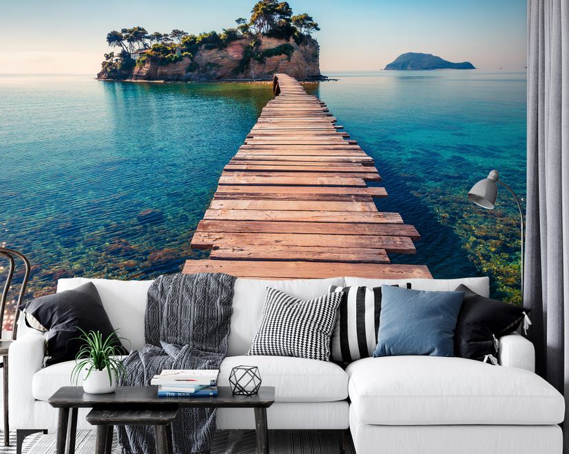 Realistic Sea Landscape with Wood Bridge Wallpaper Mural
