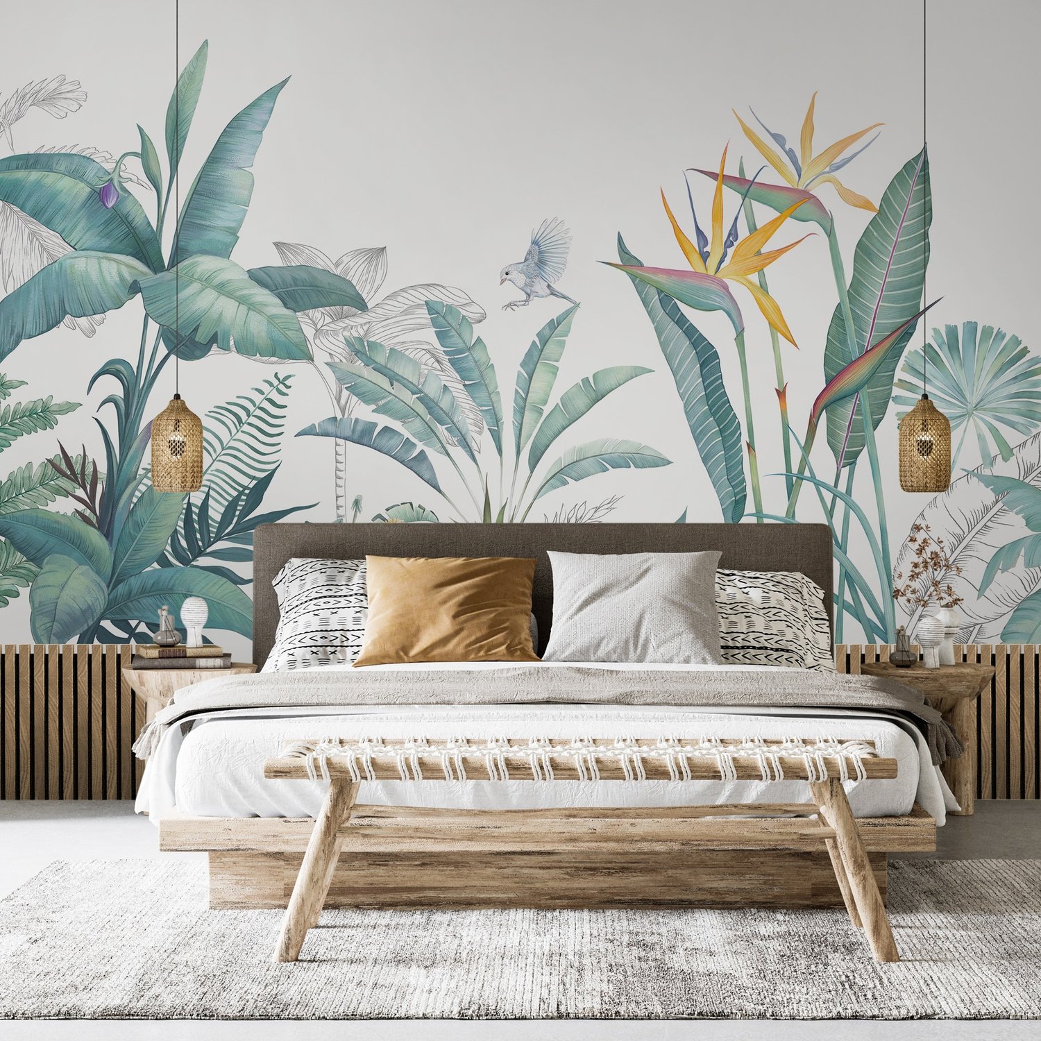 Tropical Banana Leaf with a Bird Wallpaper Mural - Peel and Stick