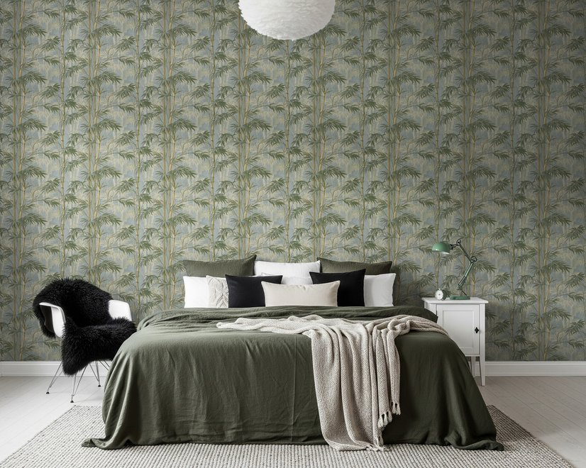 Bamboo oil painting wallpaper with olive leaves and ochre canes on a soft blue-grey ground