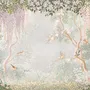 Watercolour nature wallpaper with lilac wisteria, pale trees, sage foliage and small songbirds around a misty clearing