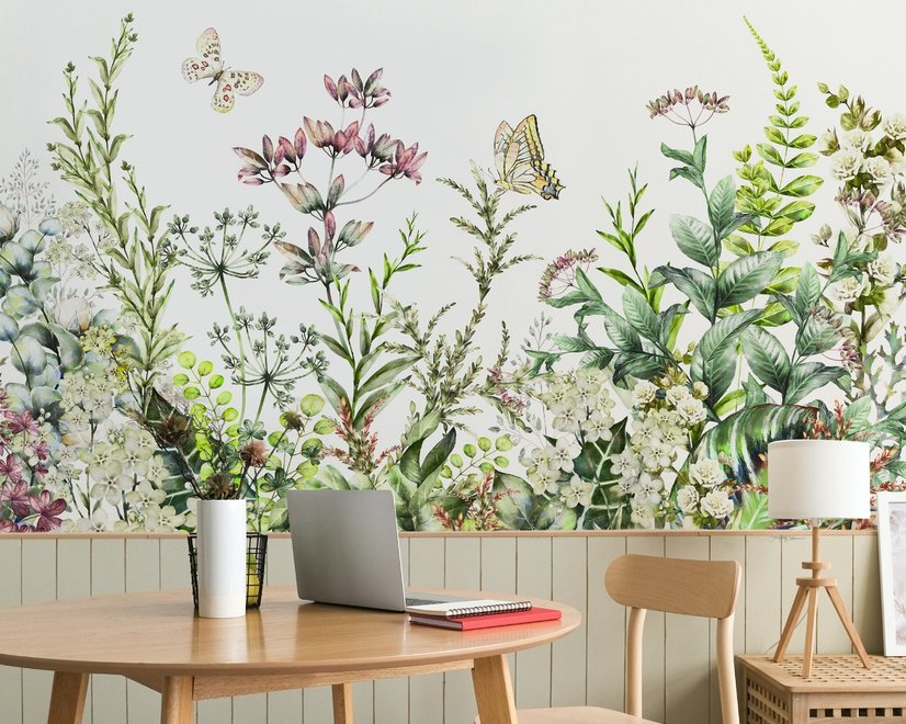 Fototapete Wilde Blumen und frische grüne Blätter