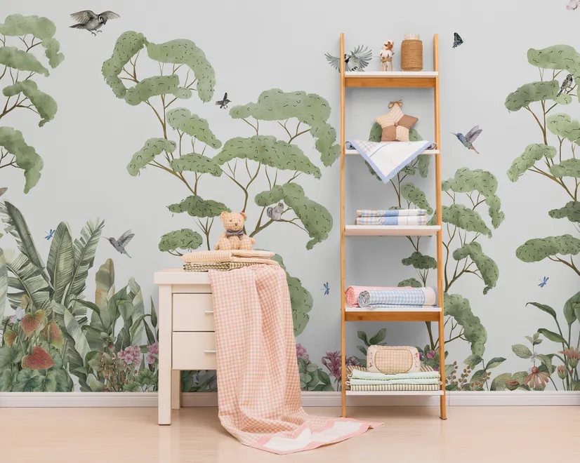 Papier peint panoramique de la forêt tropicale des enfants avec des lapins mignons