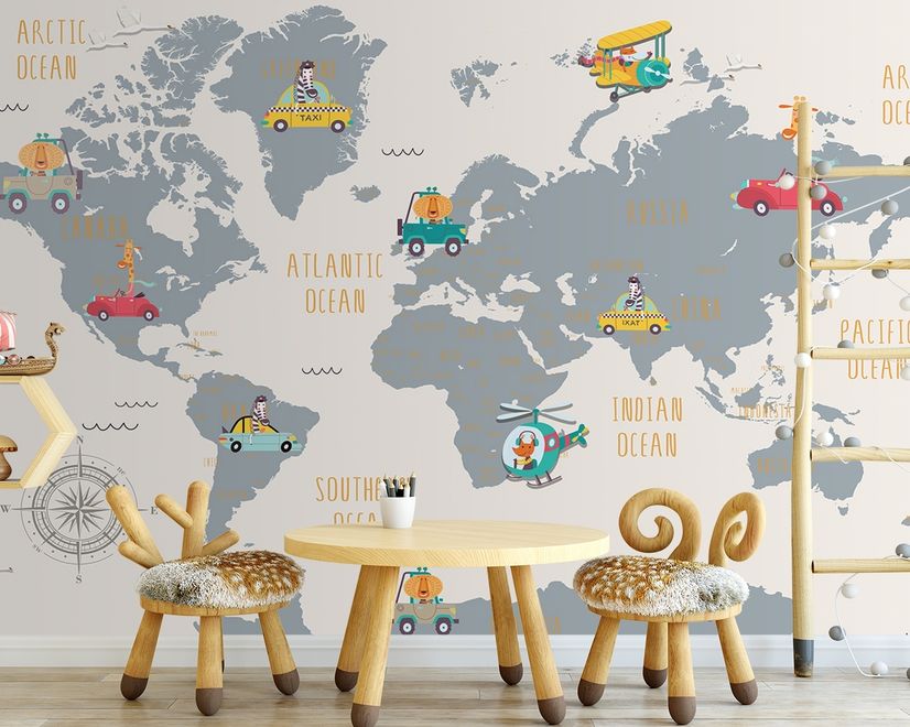 Kids World Map with Little Cars Wallpaper Mural