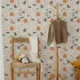 Cute autumn wallpaper with white ghosts, orange pumpkins, black bats and sage striped background