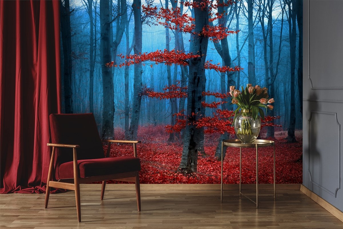 Autumn Forest with Red Leaves Landscape Wallpaper Mural - Peel and Stick