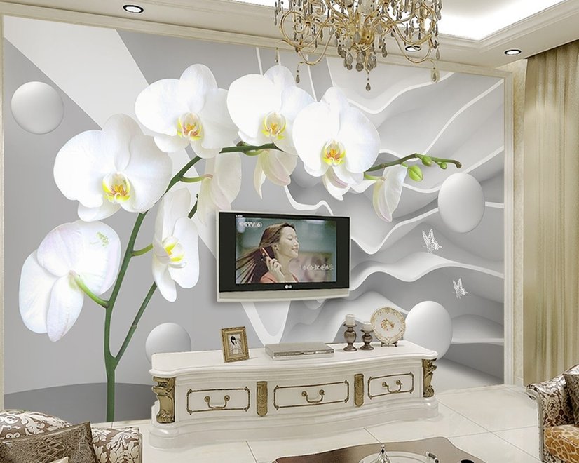 White Orchid Floral with Abstract Stripe Wallpaper Mural