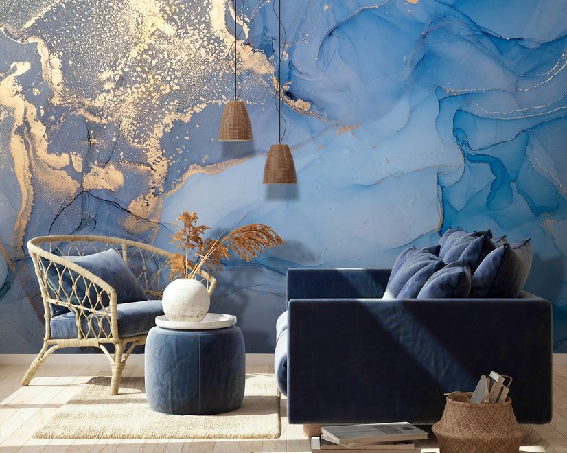 Blue Gold Look Marble with Splash Wallpaper Mural