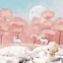 Papier peint panoramique forêt rose et cerfs à cornes