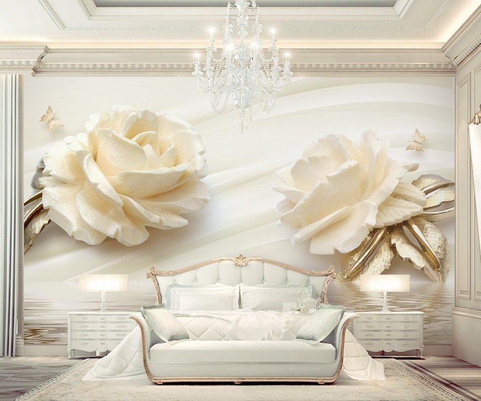 Cream Rose Floral with Water Pattern Wallpaper Mural - Peel and Stick