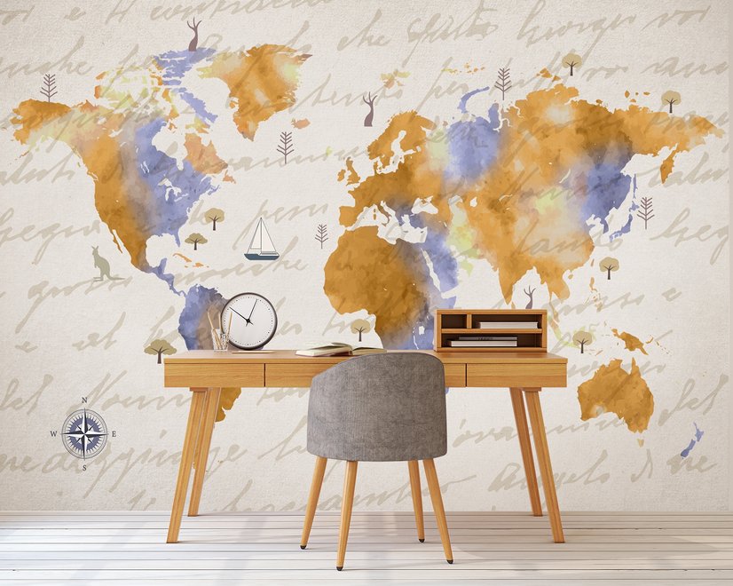 Papier peint panoramique de la carte du monde orange