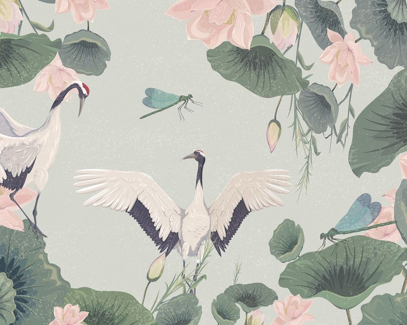 Pink Lotus Flower and White Stork Wallpaper Mural