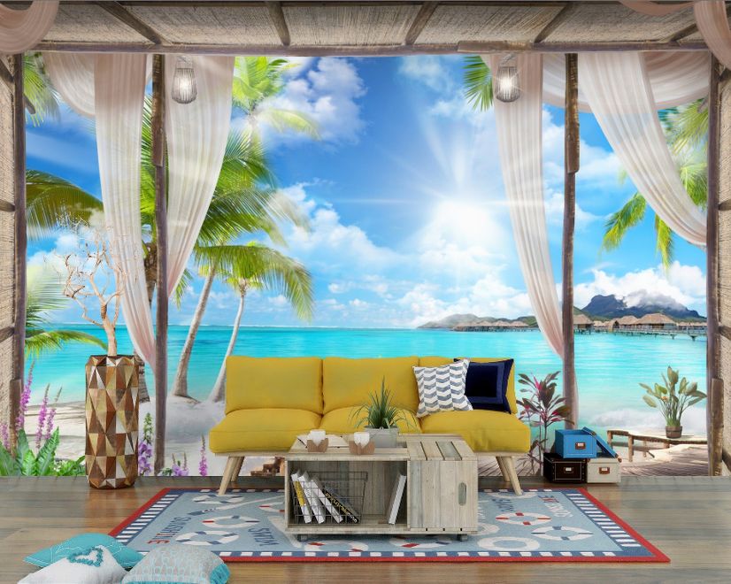 3D Look  Blue Sea Landscape with Old Arches and Palm Trees Wallpaper Mural