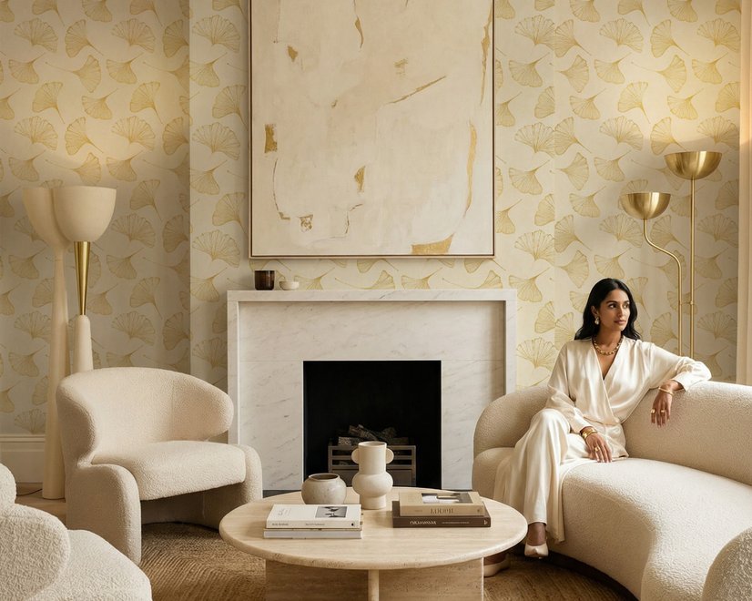 Ginkgo leaf wallpaper with ochre-gold linework on warm ivory and cream parchment ground