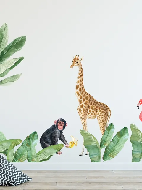 Stickers muraux animaux tropicaux feuilles palmier enfants