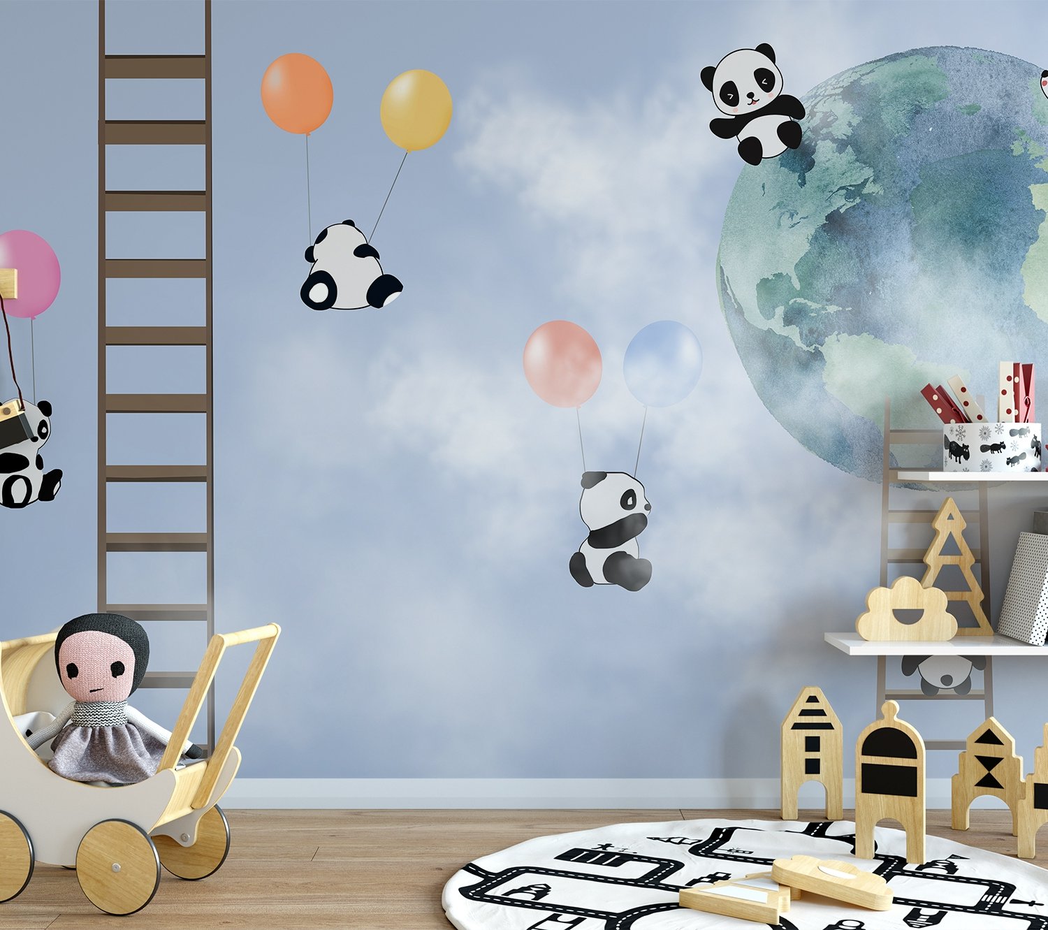 Cartoon Pandas in the Sky Wallpaper Mural - Peel and Stick