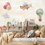Watercolor Cute Houses with Flying Animals Wallpaper Mural for Kids