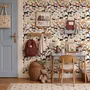 Zoomie kids wallpaper with painted dog breeds in tan, brown, black and grey on white