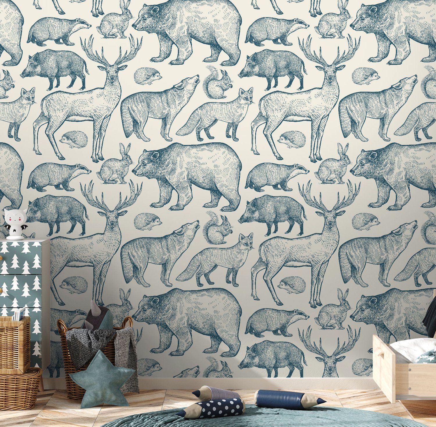 Nordic Animal Drawing for Kids Wallpaper Mural - Peel and Stick