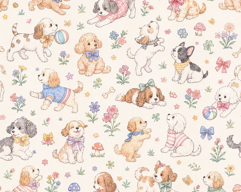 Kids Cute Watercolor Floral and  Puppies Wallpaper Mural 