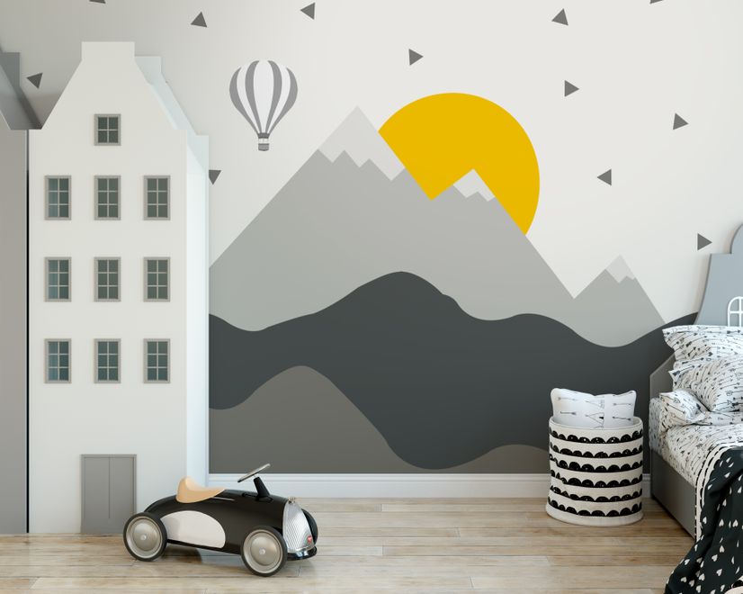 Kids Gray Geometric Mountainscape and Hot Air Balloon Wallpaper Mural