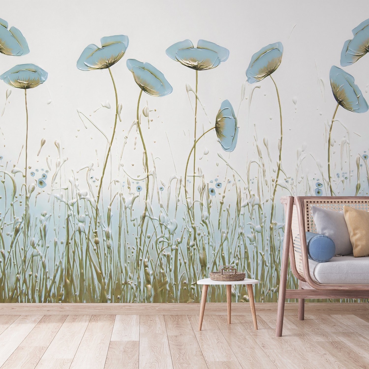 Oil Painting Blue Poppy Flowers Wallpaper Mural - Peel and Stick