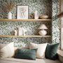 Sage green botanical floral wallpaper with white poppy flowers, lobed leaves and dotted seed centres