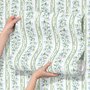 Blue floral stripe wallpaper with pale sky-blue bell flowers, green vines and sage bands on white