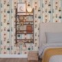Cartoon wallpaper with rabbits, mice, a crowned fox and lambs in costumes between wavy blue stripes