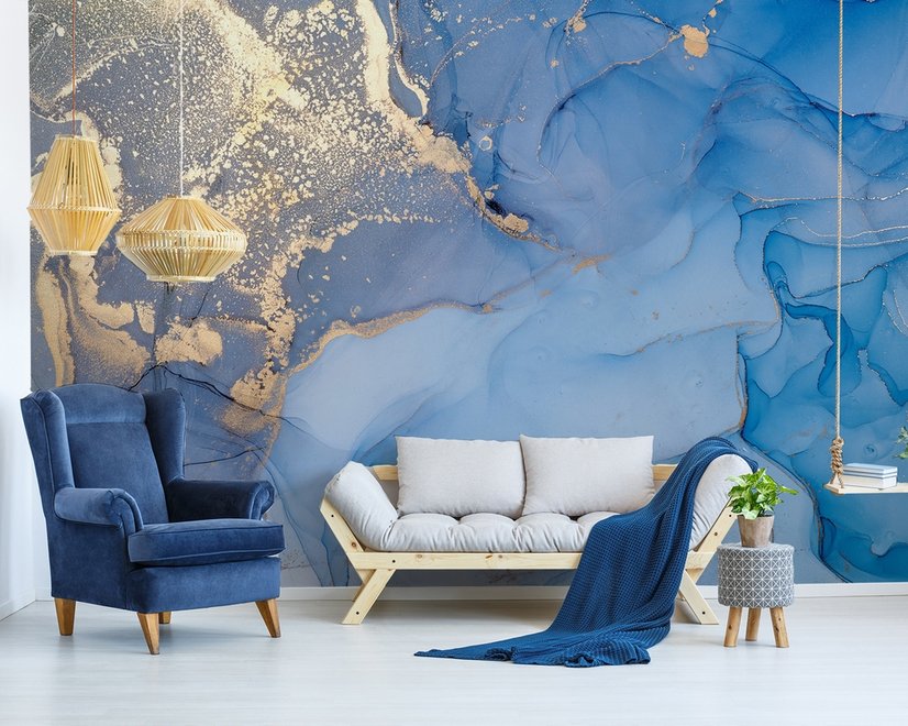 Papier Peint Panoramique Imprimé Marbre Bleu et Doré
