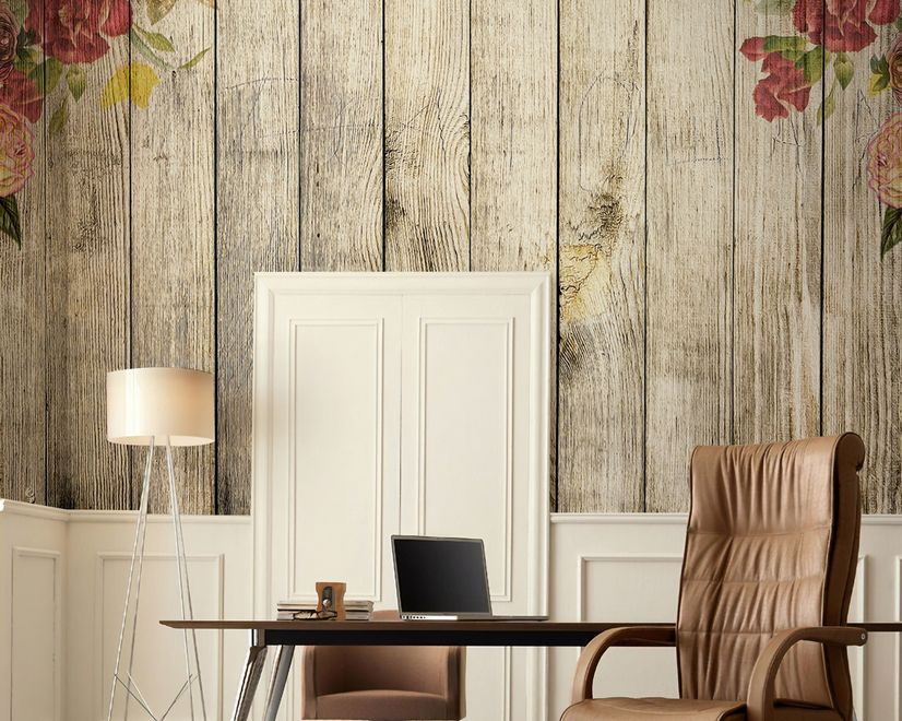 Vintage Floral with Wood Wall Wallpaper Mural
