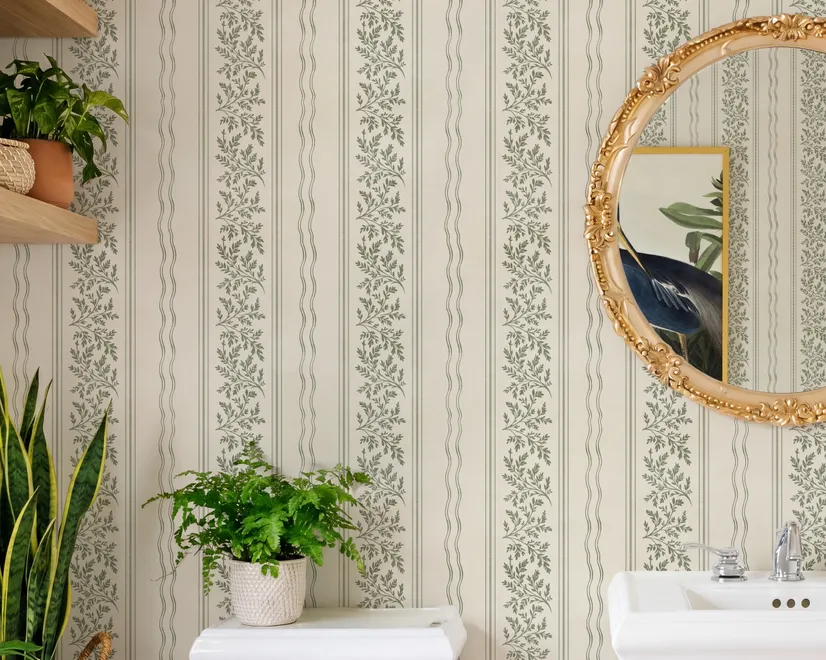 Green aesthetic wallpaper with sage leafy sprigs, fine vertical rules and dotted borders on cream ivory