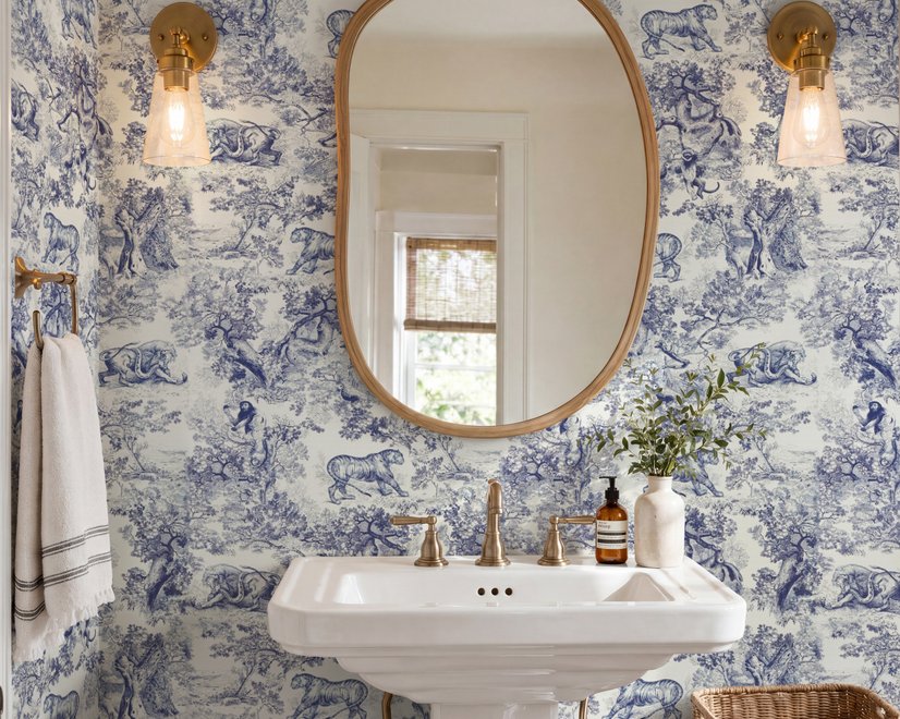 Jungle wallpaper with animals in navy toile, showing tigers, elephants and monkeys on an ivory cream ground