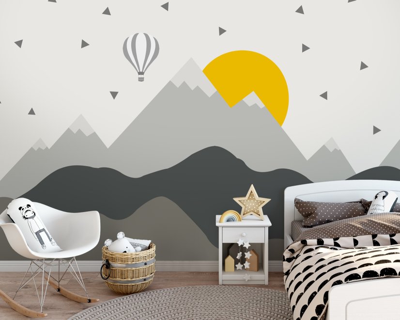 Kids Gray Geometric Mountainscape and Hot Air Balloon Wallpaper Mural
