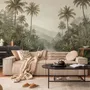 Misty tropical forest wallpaper with palms, pale river and hazy hills in muted green sepia